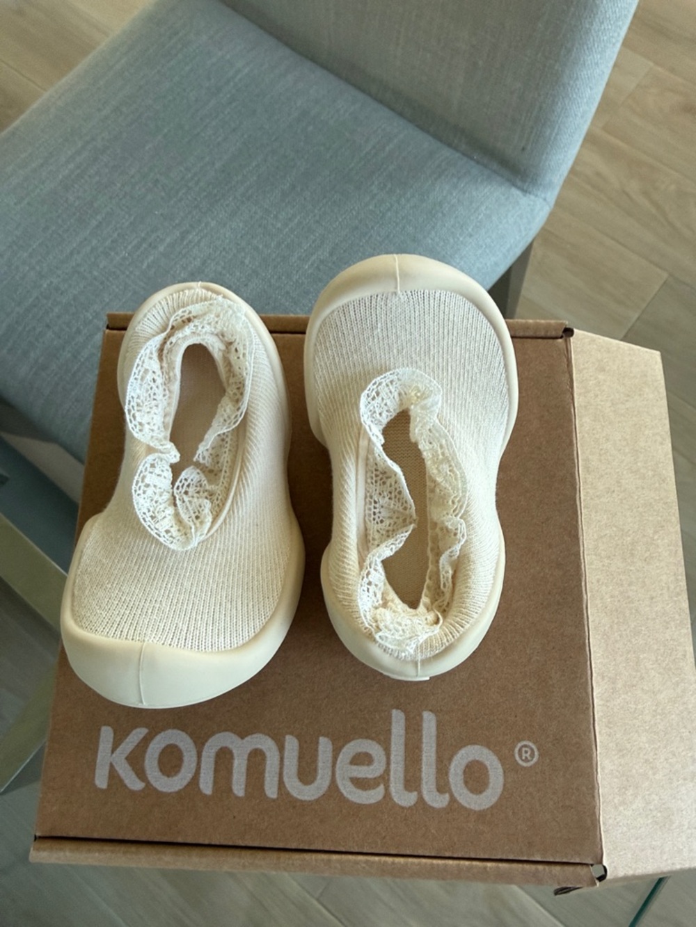 Baby Slip-On Walker Shoes in Cream with Lace Trim